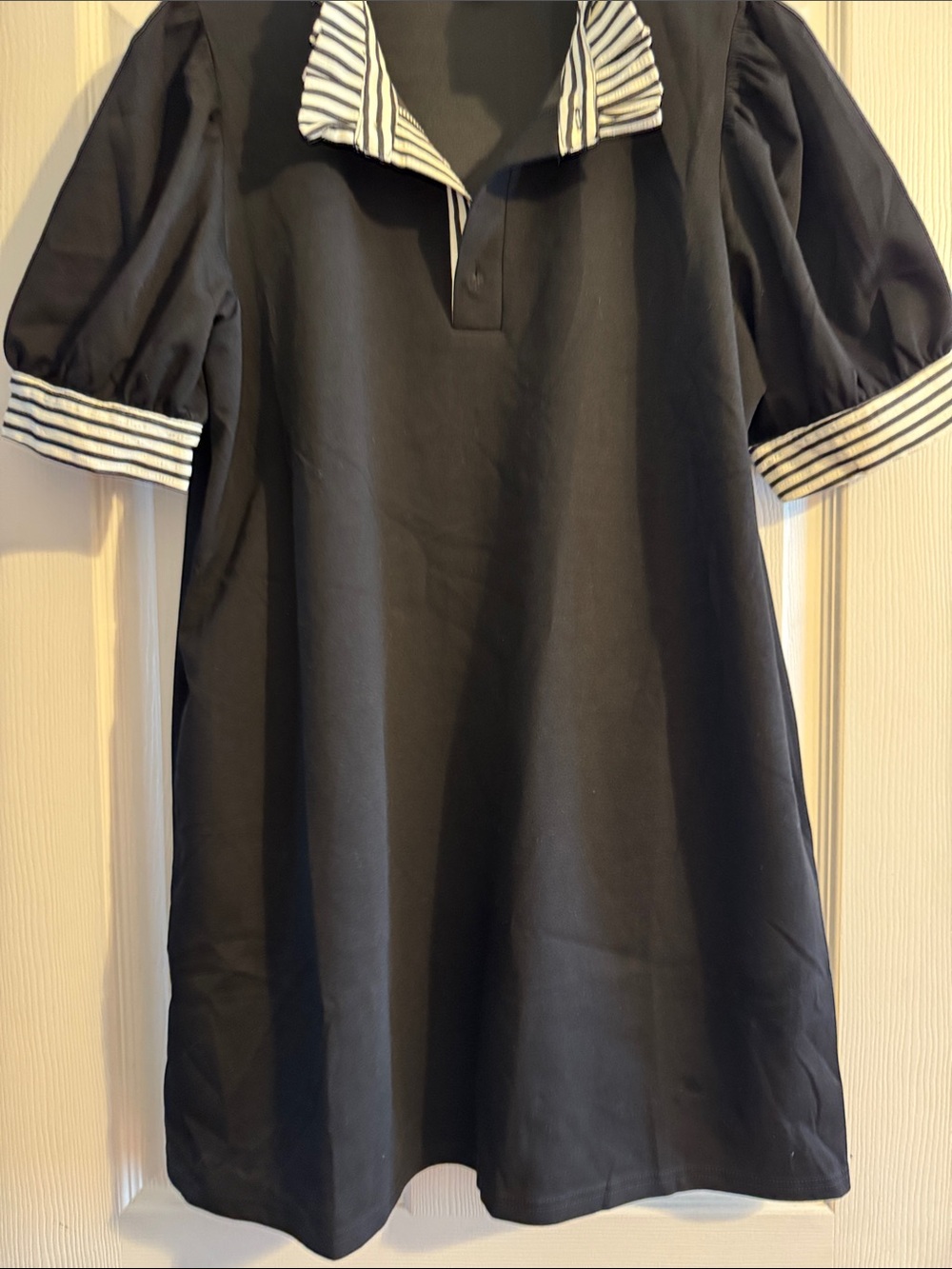 Black Asymmetrical Dress with Striped Collar and Cuffs